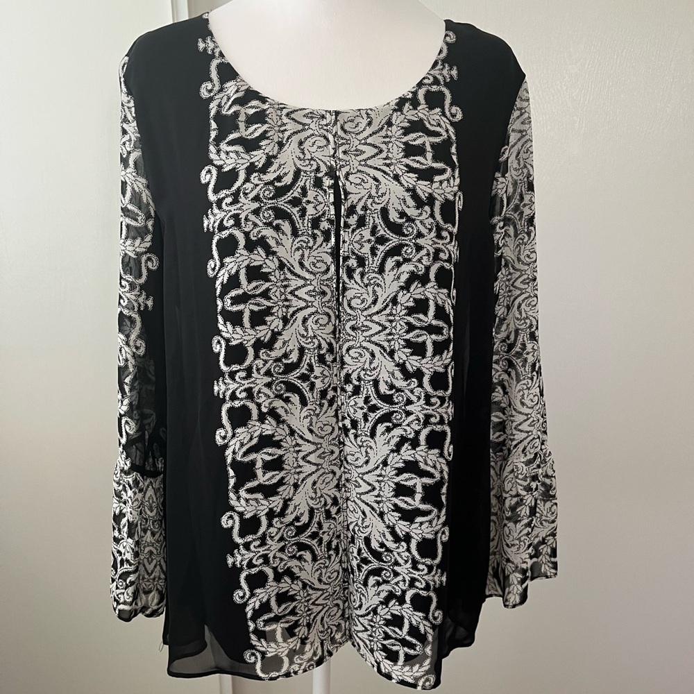 JM Collection Black White Layered Long Sleeve Blouse Medium EUC career